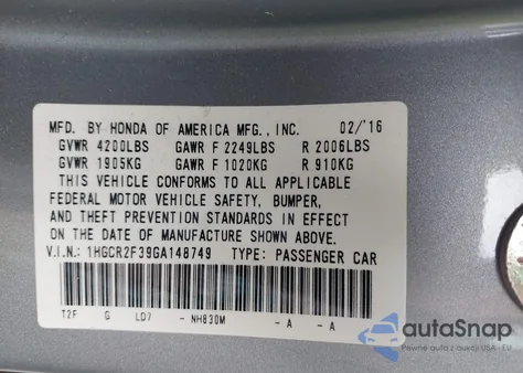 2016 Honda Accord Lx z USA, uszkodzony, nr VIN 1HGCR2F39GA148749